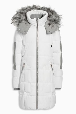 White Reflective Hood Long Padded Jacket (3-16yrs)